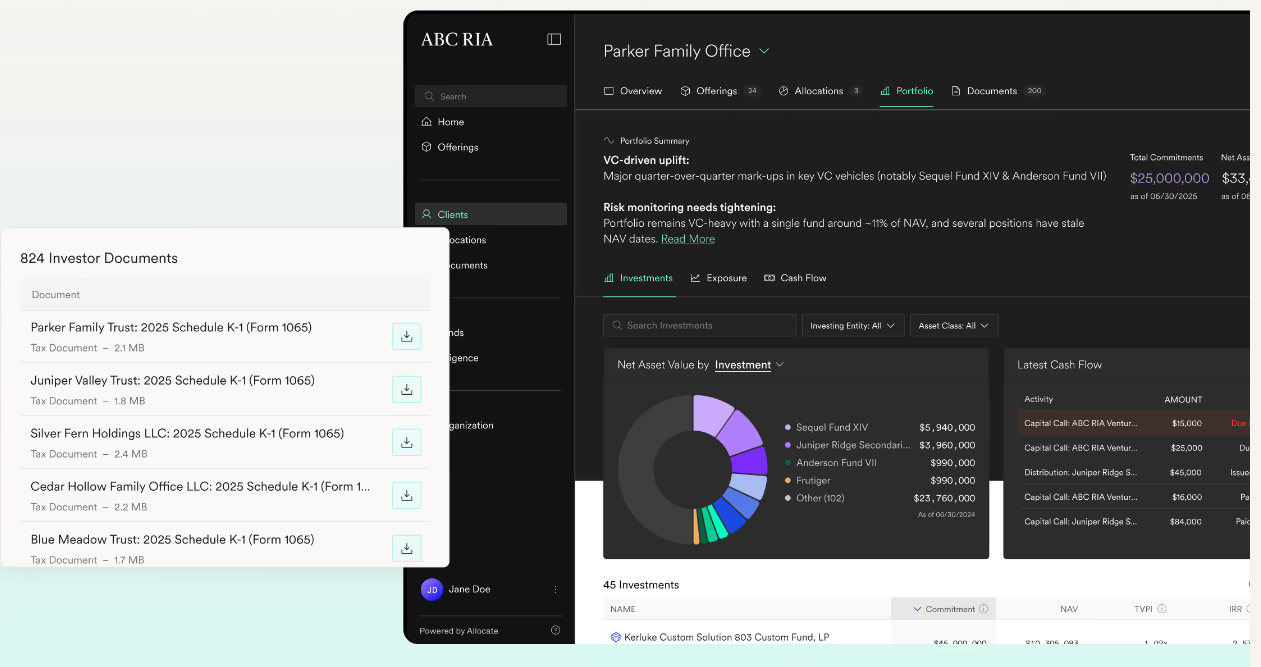 Allocate portfolio tracking dashboard showing net asset value by investment, cash flow activity, and investor documents