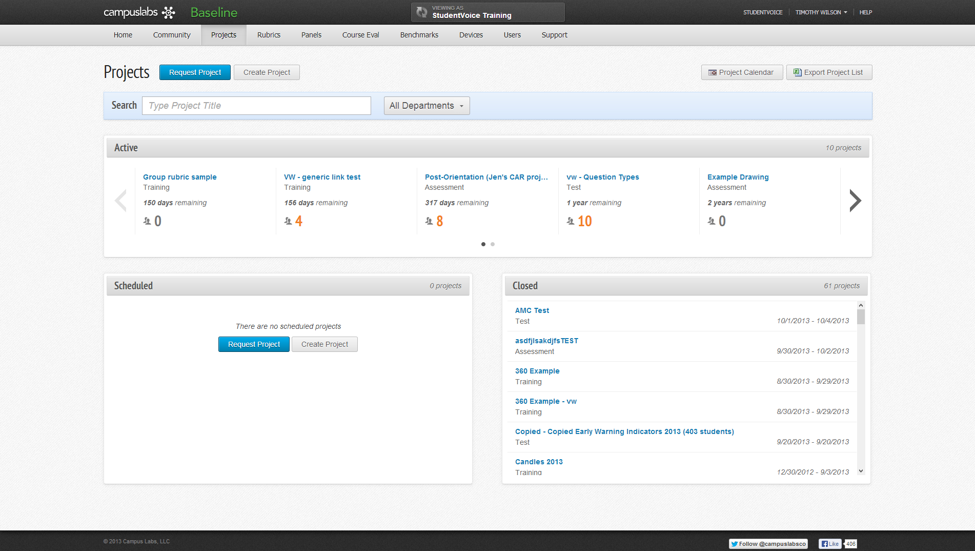 Campus Labs Baseline product dashboard showing active, scheduled, and closed assessment projects