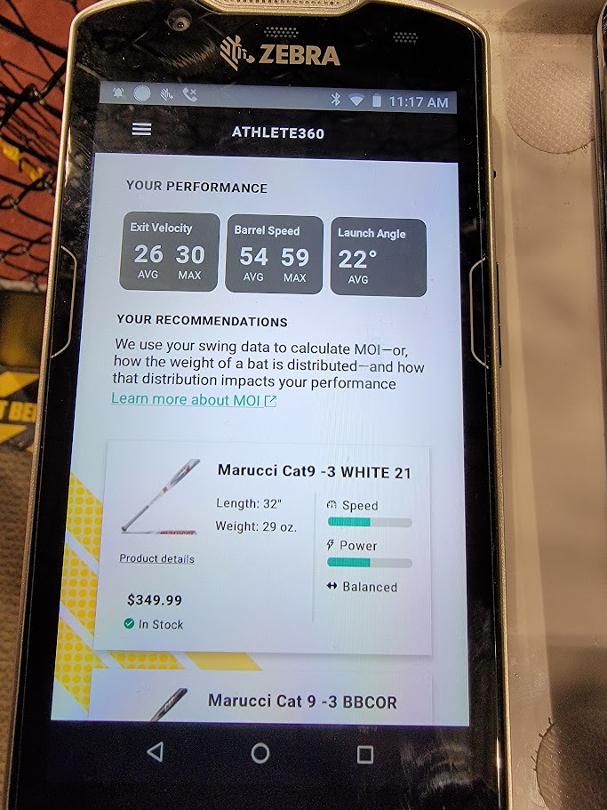 Bat-fitting app showing swing performance metrics and bat recommendations on a Zebra handheld