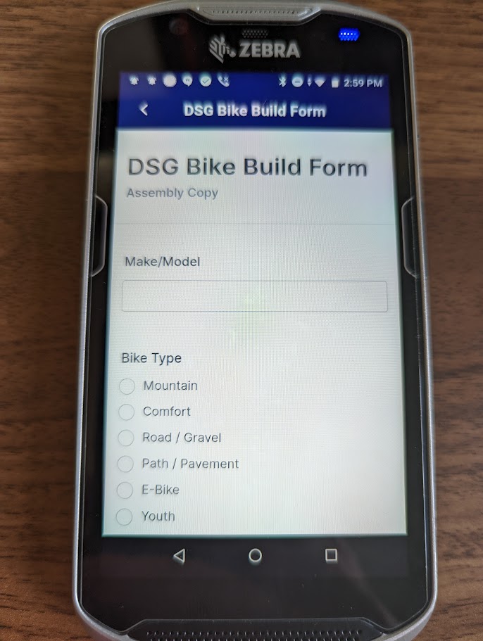 Digital bike build form running on a Zebra handheld