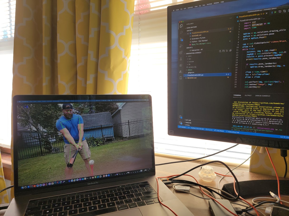 Body-pose estimation research: a batting swing video with pose-tracking overlay next to the Python/OpenCV code that generated it