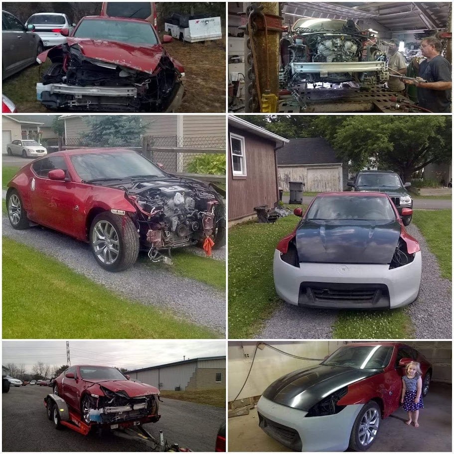 Collage of the wrecked 370Z, frame repair on a shop rack, and the reassembled car in primer
