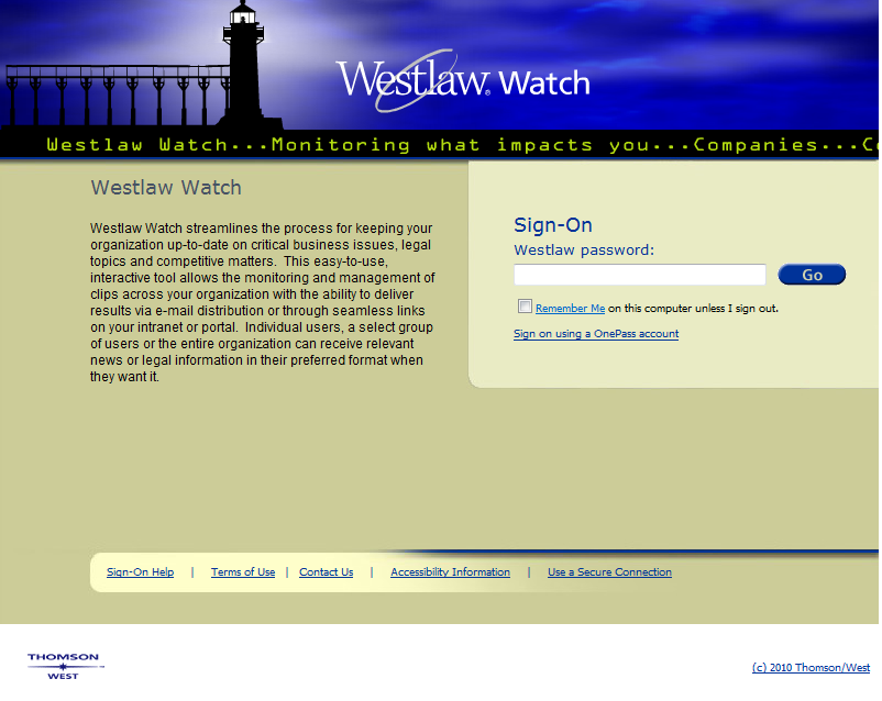 Westlaw Watch sign-on page